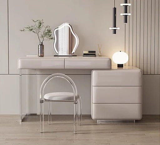 Donnelly Luxury Dressing Table with LED Mirror, Cream Vanity Desk with Sintered Stone Top & Stainless Steel Frame - Sleek Furniture