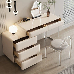 Donnelly Luxury Dressing Table with LED Mirror, Cream Vanity Desk with Sintered Stone Top & Stainless Steel Frame - Sleek Furniture