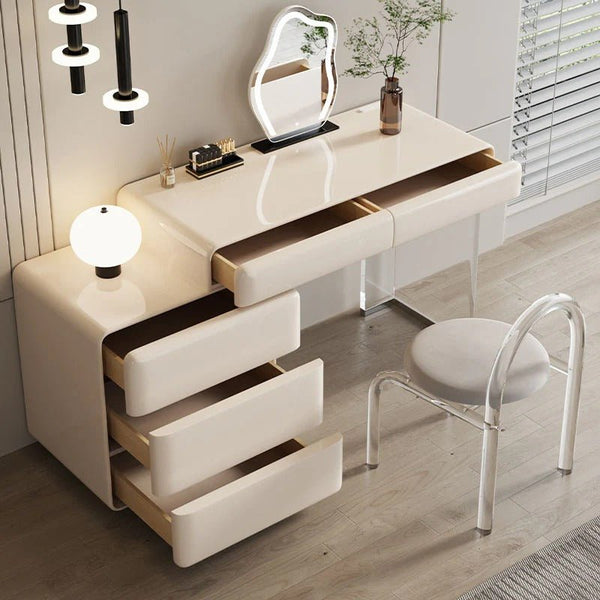 Donnelly Luxury Dressing Table with LED Mirror, Cream Vanity Desk with Sintered Stone Top & Stainless Steel Frame - Sleek Furniture