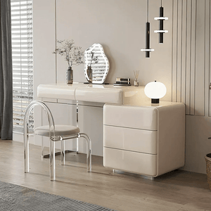 Donnelly Luxury Dressing Table with LED Mirror, Cream Vanity Desk with Sintered Stone Top & Stainless Steel Frame - Sleek Furniture