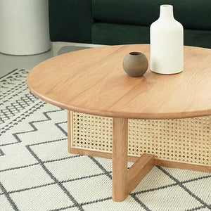 Dora Rattan Coffee Table Light Oak Wooden Living Room Table with Natural Rattan Shelf Modern Contemporary Centre Table - Sleek Furniture