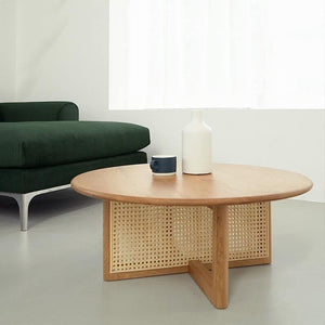 Dora Rattan Coffee Table Light Oak Wooden Living Room Table with Natural Rattan Shelf Modern Contemporary Centre Table - Sleek Furniture