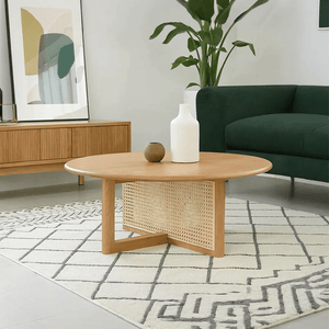 Dora Rattan Coffee Table Light Oak Wooden Living Room Table with Natural Rattan Shelf Modern Contemporary Centre Table - Sleek Furniture