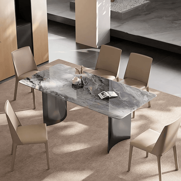 Doris Marble Dining Table with Stainless Steel Base, Modern Luxury Rectangular Dining Table for Kitchen & Dining Room, Contemporary Statement Table - Sleek Furniture
