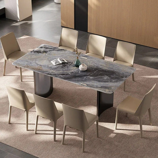 Doris Marble Dining Table with Stainless Steel Base, Modern Luxury Rectangular Dining Table for Kitchen & Dining Room, Contemporary Statement Table - Sleek Furniture