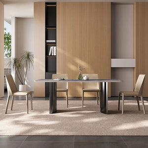 Doris Marble Dining Table with Stainless Steel Base, Modern Luxury Rectangular Dining Table for Kitchen & Dining Room, Contemporary Statement Table - Sleek Furniture