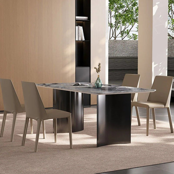 Doris Marble Dining Table with Stainless Steel Base, Modern Luxury Rectangular Dining Table for Kitchen & Dining Room, Contemporary Statement Table - Sleek Furniture