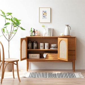 Dorota Natural Rattan Sideboard Cabinet with Solid Wood Frame, Cherrywood Finish Storage Console for Living Room, Dining Room & Hallway - Sleek Furniture