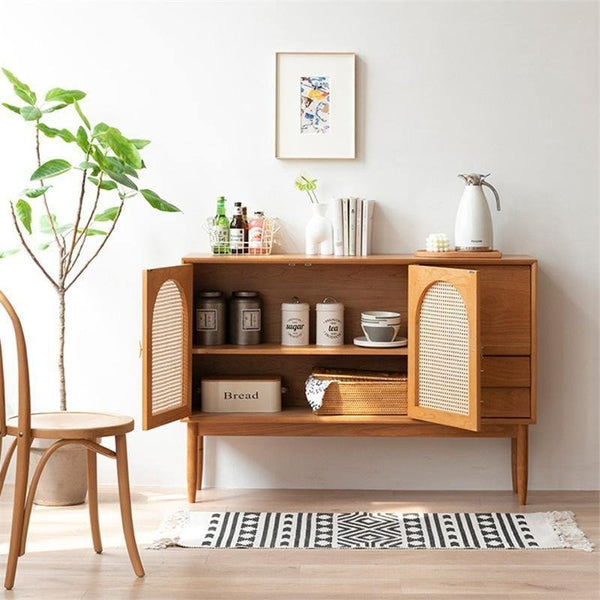 Dorota Natural Rattan Sideboard Cabinet with Solid Wood Frame, Cherrywood Finish Storage Console for Living Room, Dining Room & Hallway - Sleek Furniture