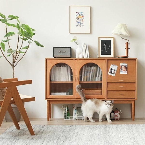 Dorota Natural Rattan Sideboard Cabinet with Solid Wood Frame, Cherrywood Finish Storage Console for Living Room, Dining Room & Hallway - Sleek Furniture
