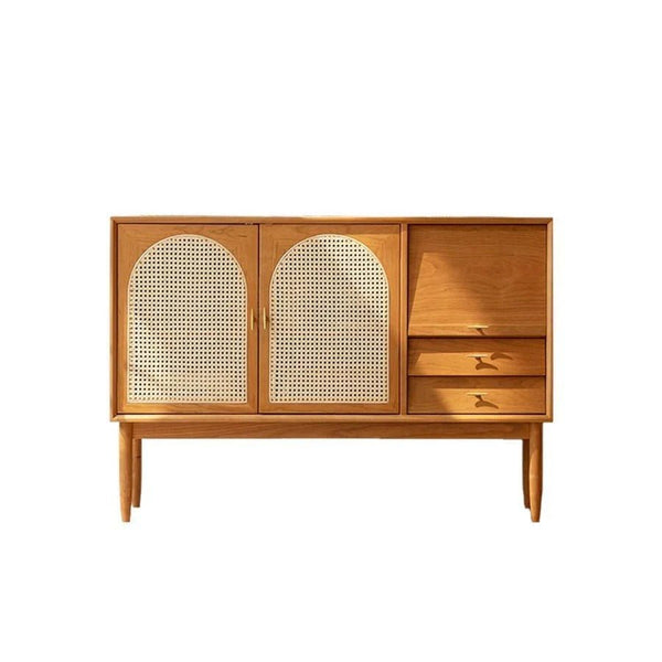 Dorota Natural Rattan Sideboard Cabinet with Solid Wood Frame, Cherrywood Finish Storage Console for Living Room, Dining Room & Hallway - Sleek Furniture