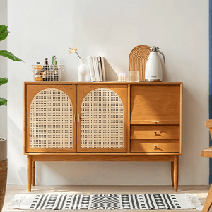 Dorota Natural Rattan Sideboard Cabinet with Solid Wood Frame, Cherrywood Finish Storage Console for Living Room, Dining Room & Hallway - Sleek Furniture