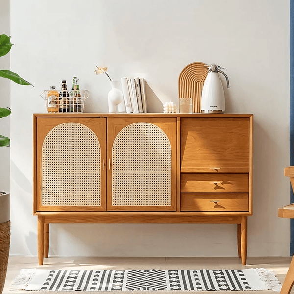Dorota Natural Rattan Sideboard Cabinet with Solid Wood Frame, Cherrywood Finish Storage Console for Living Room, Dining Room & Hallway - Sleek Furniture