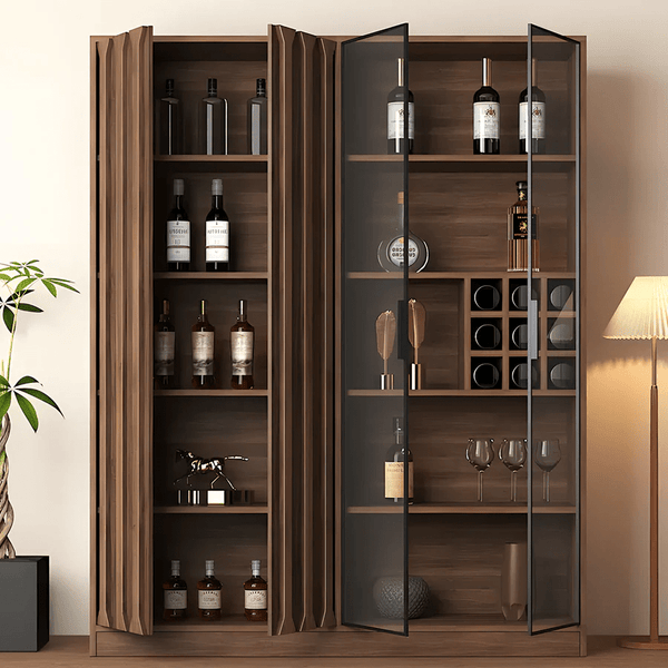 Dory Solid Wood Wine Cabinet & Drinks Bar Storage Unit – Walnut Finish, Glass Door Wine Rack Cabinet with MDF Interior – Modern Contemporary Home Bar Furniture (Size C) - Sleek Furniture