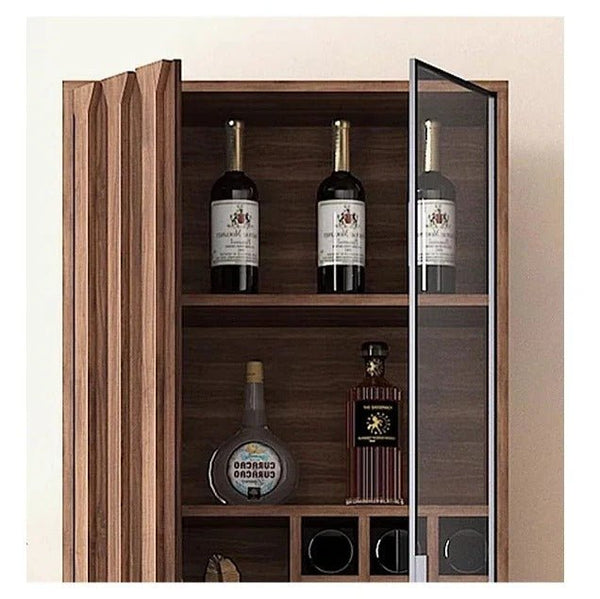 Dory Solid Wood Wine Cabinet & Drinks Bar Storage Unit – Walnut Finish, Glass Door Wine Rack Cabinet with MDF Interior – Modern Contemporary Home Bar Furniture (Size C) - Sleek Furniture