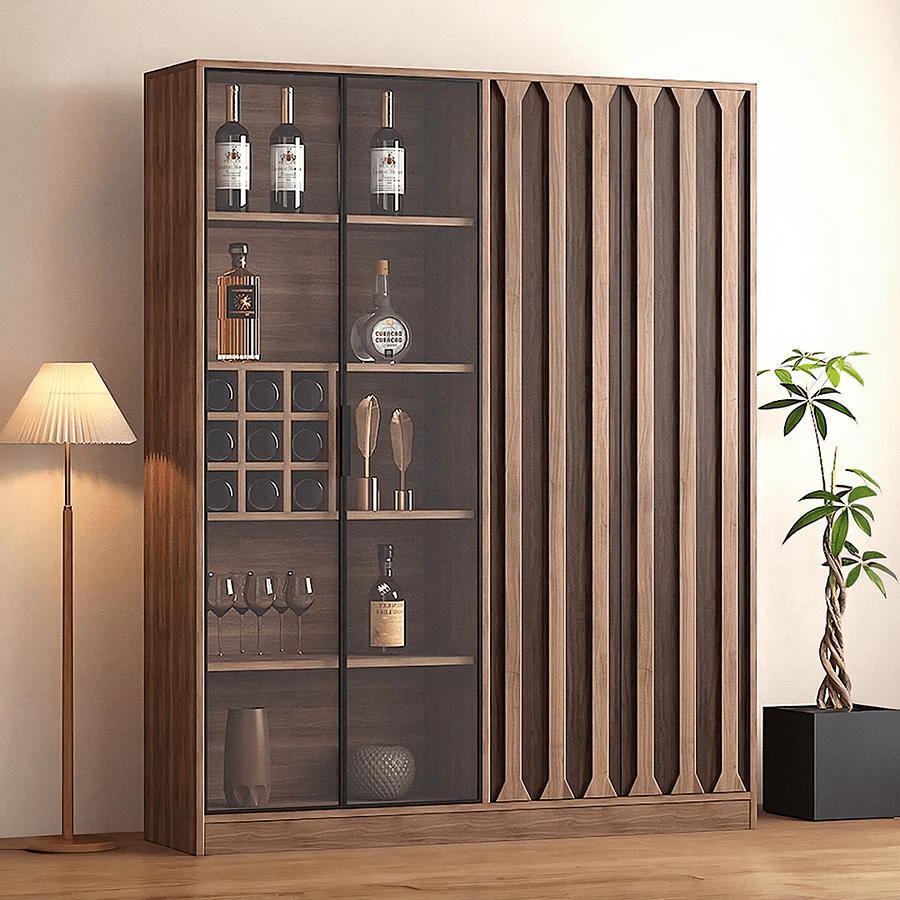 Dory Solid Wood Wine Cabinet & Drinks Bar Storage Unit – Walnut Finish, Glass Door Wine Rack Cabinet with MDF Interior – Modern Contemporary Home Bar Furniture (Size C) - Sleek Furniture