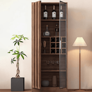 Dory Solid Wood Wine Cabinet & Drinks Bar Storage Unit – Walnut Finish, Glass Door Wine Rack Cabinet with MDF Interior – Modern Contemporary Home Bar Furniture (Size C) - Sleek Furniture