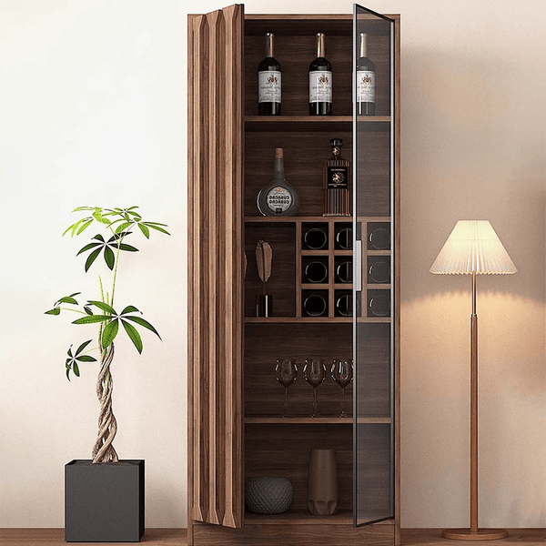 Dory Solid Wood Wine Cabinet & Drinks Bar Storage Unit – Walnut Finish, Glass Door Wine Rack Cabinet with MDF Interior – Modern Contemporary Home Bar Furniture (Size C) - Sleek Furniture