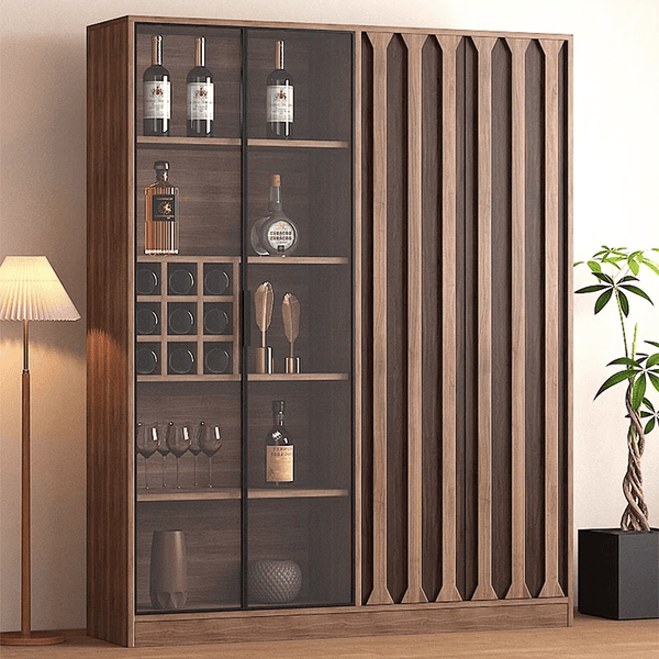 Dory Solid Wood Wine Cabinet & Drinks Bar Storage Unit – Walnut Finish, Glass Door Wine Rack Cabinet with MDF Interior – Modern Contemporary Home Bar Furniture (Size C) - Sleek Furniture