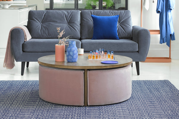 Woody Coffee Table and Nesting Stool Set in Pumice House Basket Weave