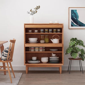Duo Rattan & Wood Sideboard Cabinet, Modern Oak Storage Unit with Rattan Front Doors, Living Room & Dining Room Side Cabinet - Sleek Furniture