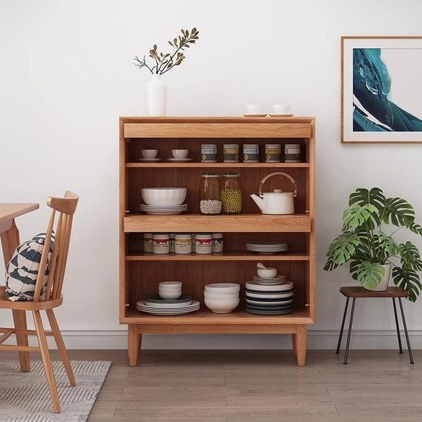 Duo Rattan & Wood Sideboard Cabinet, Modern Oak Storage Unit with Rattan Front Doors, Living Room & Dining Room Side Cabinet - Sleek Furniture