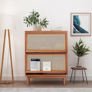 Duo Rattan & Wood Sideboard Cabinet, Modern Oak Storage Unit with Rattan Front Doors, Living Room & Dining Room Side Cabinet - Sleek Furniture