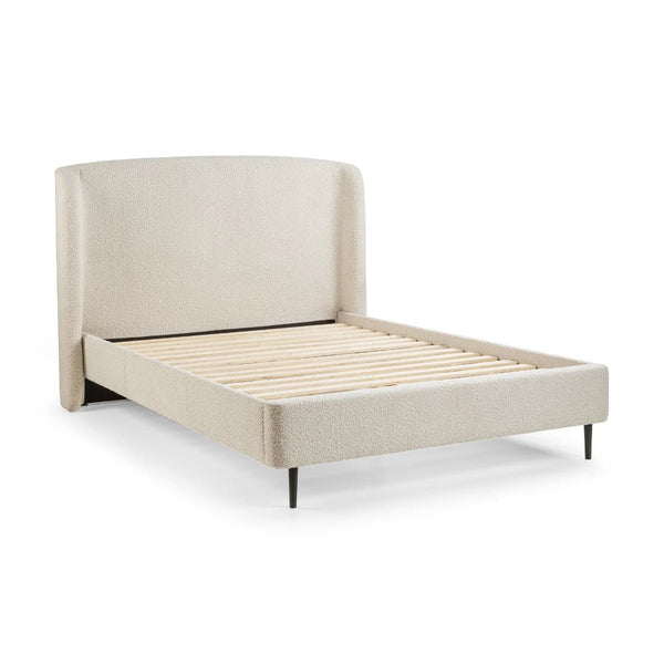 Eden Ivory Bouclé Upholstered Bed Frame with Curved Headboard & Black Legs - Sleek Furniture