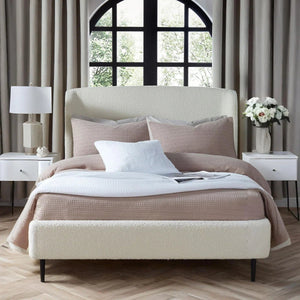 Eden Ivory Bouclé Upholstered Bed Frame with Curved Headboard & Black Legs - Sleek Furniture