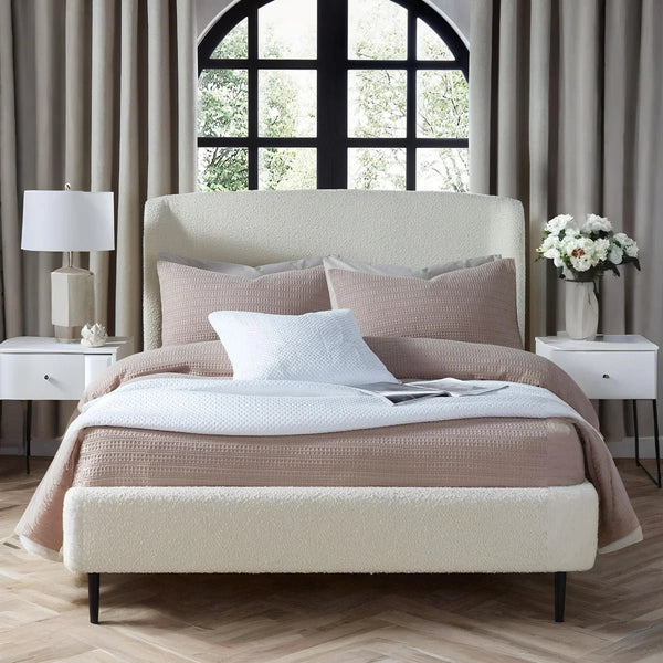 Eden Ivory Bouclé Upholstered Bed Frame with Curved Headboard & Black Legs - Sleek Furniture