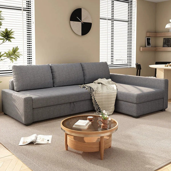 Edwards Three Seater Corner Sofa Bed with Storage, Linen Upholstered Pull-Out Sofa Bed with Chaise, Grey Corner Sleeper Sofa for Living Room or Guest Room - Sleek Furniture