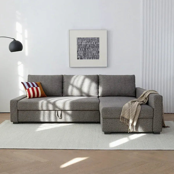Edwards Three Seater Corner Sofa Bed with Storage, Linen Upholstered Pull-Out Sofa Bed with Chaise, Grey Corner Sleeper Sofa for Living Room or Guest Room - Sleek Furniture