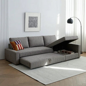 Edwards Three Seater Corner Sofa Bed with Storage, Linen Upholstered Pull-Out Sofa Bed with Chaise, Grey Corner Sleeper Sofa for Living Room or Guest Room - Sleek Furniture