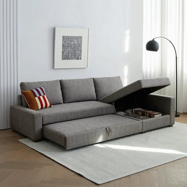 Edwards Three Seater Corner Sofa Bed with Storage, Linen Upholstered Pull-Out Sofa Bed with Chaise, Grey Corner Sleeper Sofa for Living Room or Guest Room - Sleek Furniture