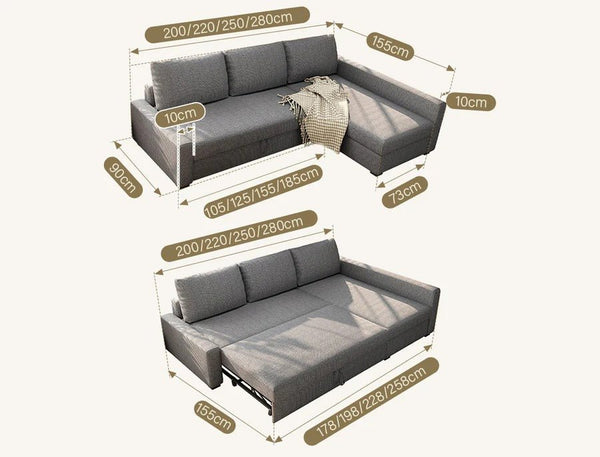 Edwards Three Seater Corner Sofa Bed with Storage, Linen Upholstered Pull-Out Sofa Bed with Chaise, Grey Corner Sleeper Sofa for Living Room or Guest Room - Sleek Furniture