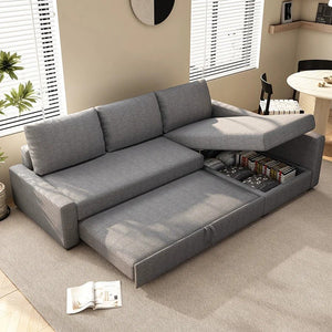 Edwards Three Seater Corner Sofa Bed with Storage, Linen Upholstered Pull-Out Sofa Bed with Chaise, Grey Corner Sleeper Sofa for Living Room or Guest Room - Sleek Furniture