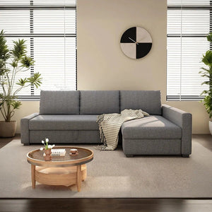 Edwards Three Seater Corner Sofa Bed with Storage, Linen Upholstered Pull-Out Sofa Bed with Chaise, Grey Corner Sleeper Sofa for Living Room or Guest Room - Sleek Furniture