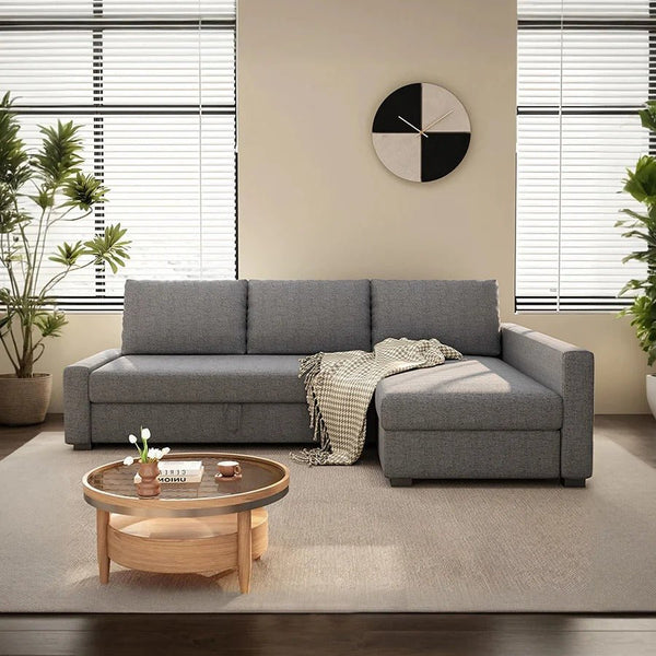 Edwards Three Seater Corner Sofa Bed with Storage, Linen Upholstered Pull-Out Sofa Bed with Chaise, Grey Corner Sleeper Sofa for Living Room or Guest Room - Sleek Furniture
