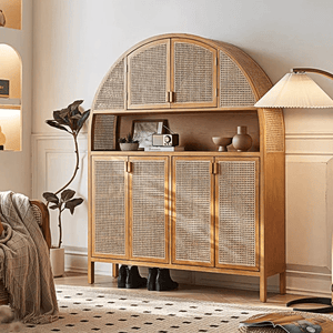 Eisha Rattan Solid Wood Shoe Storage Cabinet with Console Table Top – Modern Cherrywood Finish Entryway Cupboard with Rattan Detailing - Sleek Furniture