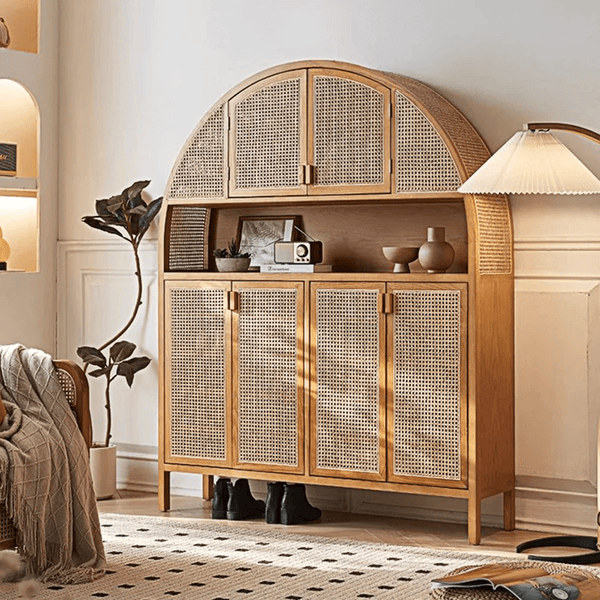 Eisha Rattan Solid Wood Shoe Storage Cabinet with Console Table Top – Modern Cherrywood Finish Entryway Cupboard with Rattan Detailing - Sleek Furniture