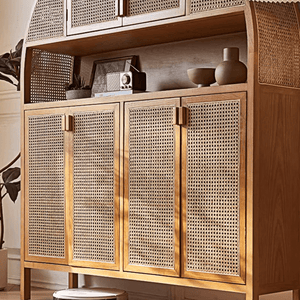 Eisha Rattan Solid Wood Shoe Storage Cabinet with Console Table Top – Modern Cherrywood Finish Entryway Cupboard with Rattan Detailing - Sleek Furniture