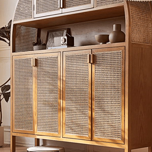 Eisha Rattan Solid Wood Shoe Storage Cabinet with Console Table Top – Modern Cherrywood Finish Entryway Cupboard with Rattan Detailing - Sleek Furniture