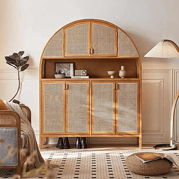 Eisha Rattan Solid Wood Shoe Storage Cabinet with Console Table Top – Modern Cherrywood Finish Entryway Cupboard with Rattan Detailing - Sleek Furniture