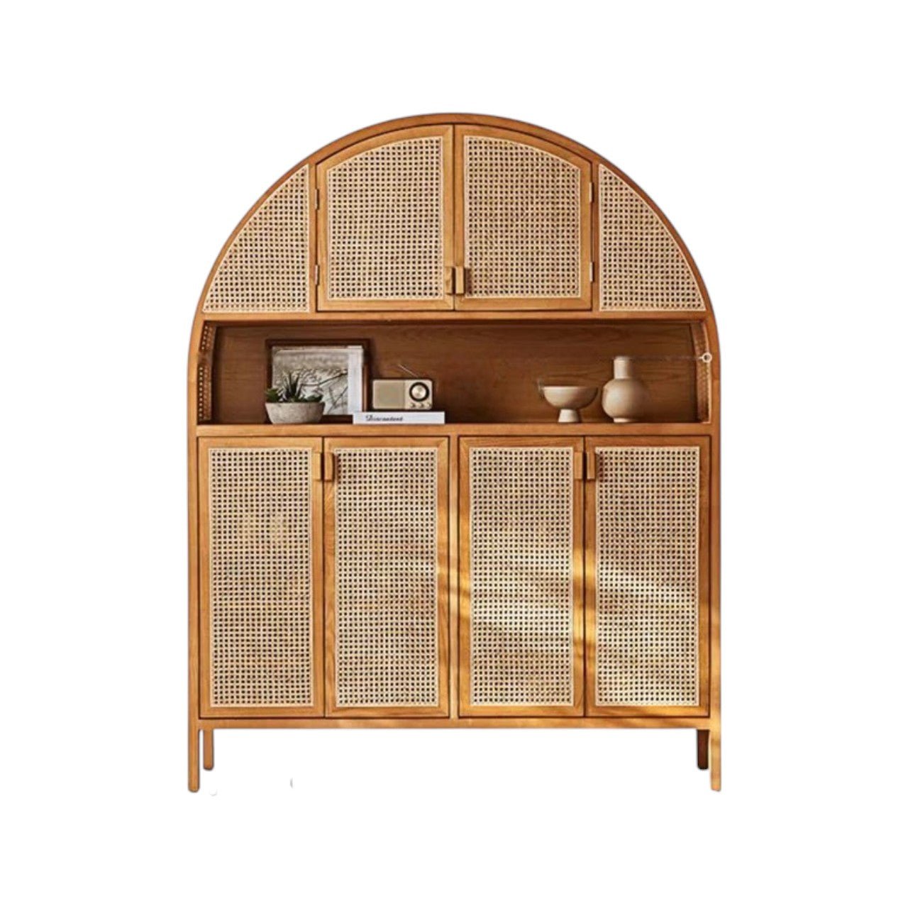 Eisha Rattan Solid Wood Shoe Storage Cabinet Console Table Top – Modern Cherrywood Finish Entryway Cupboard Rattan Detailing