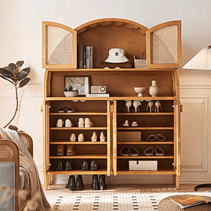 Eisha Rattan Solid Wood Shoe Storage Cabinet with Console Table Top – Modern Cherrywood Finish Entryway Cupboard with Rattan Detailing - Sleek Furniture