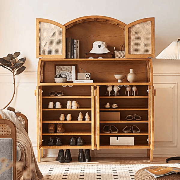 Eisha Rattan Solid Wood Shoe Storage Cabinet with Console Table Top – Modern Cherrywood Finish Entryway Cupboard with Rattan Detailing - Sleek Furniture