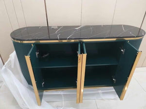 Elec Modern Sideboard Cabinet – Green with Gold Accents, Sintered Stone Top & Painted Steel Frame Storage Unit for Living & Dining Room - Sleek Furniture