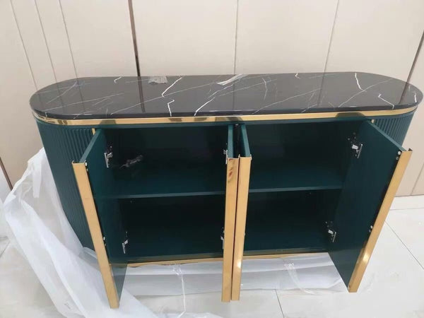 Elec Modern Sideboard Cabinet – Green with Gold Accents, Sintered Stone Top & Painted Steel Frame Storage Unit for Living & Dining Room - Sleek Furniture