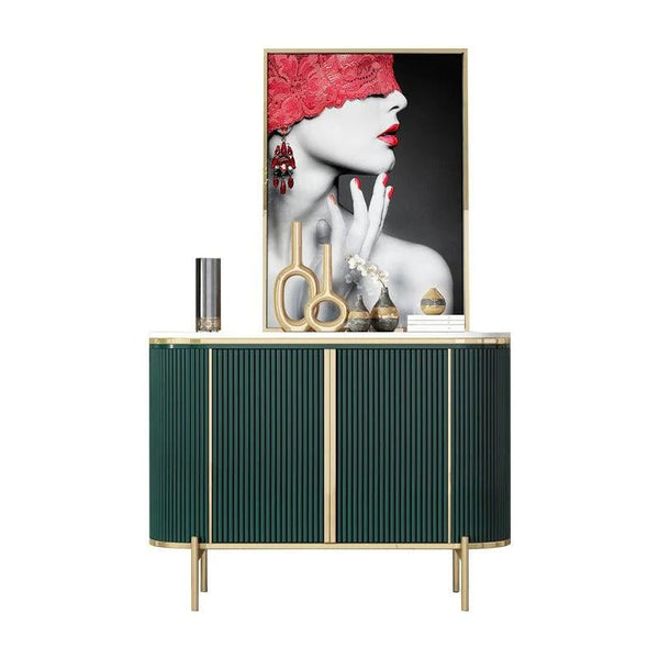 Elec Modern Sideboard Cabinet – Green with Gold Accents, Sintered Stone Top & Painted Steel Frame Storage Unit for Living & Dining Room - Sleek Furniture