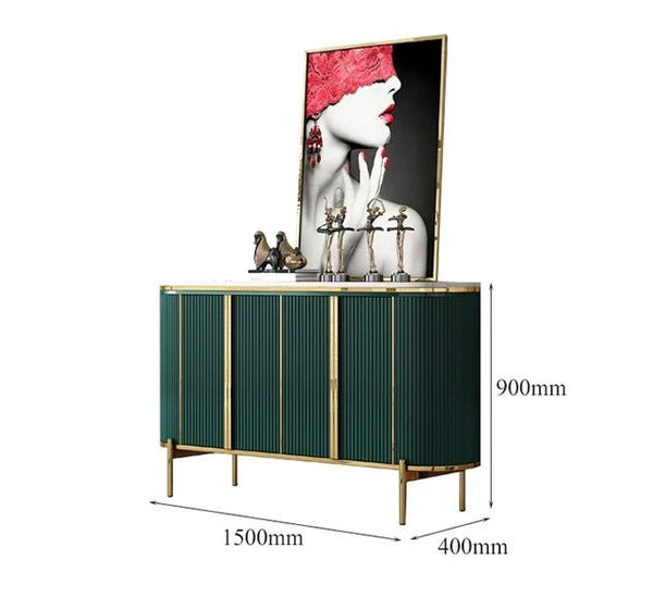 Elec Modern Sideboard Cabinet – Green with Gold Accents, Sintered Stone Top & Painted Steel Frame Storage Unit for Living & Dining Room - Sleek Furniture